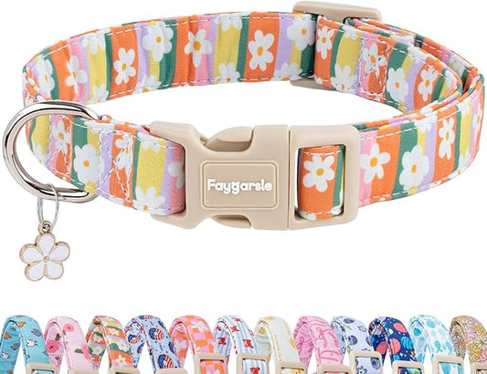 Faygarsle Colorful Floral Dog Collar, Cotton Fabric with Daisy Pattern, Multi-Color Stripes Spring Summer Design for Small Medium Large Dogs M