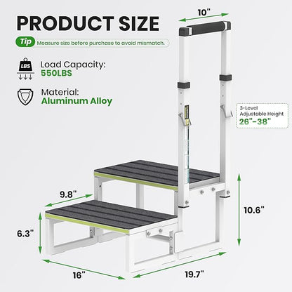 RV Steps with Handrail (26"-38"), Dual-Side Setup, Portable 2-Step RV Stairs with Wide Anti-Slip Mats, Ideal for RVs, Porches, Hot Tubs, Pools, and Pets