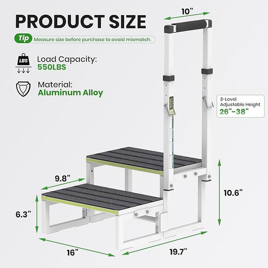RV Steps with Handrail (26"-38"), Dual-Side Setup, Portable 2-Step RV Stairs with Wide Anti-Slip Mats, Ideal for RVs, Porches, Hot Tubs, Pools, and Pets