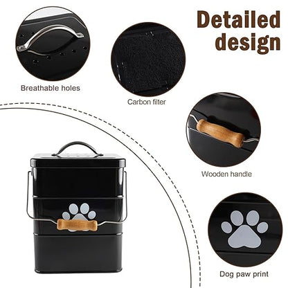 Small Dog Poop Trash Can Outside,1.5Gal/6L Metal Dog Waste Trash Can with Lid/Filter/Handle,Pet Waste Container Bucket with 75 Trash Bags-Black