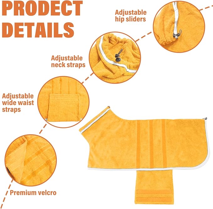 Dog Robe - Fast Drying Towel - Microfiber Super Absorbent Pet Bathrobe, Adjustable Collar & Belly Strap (Yellow, X-Large)