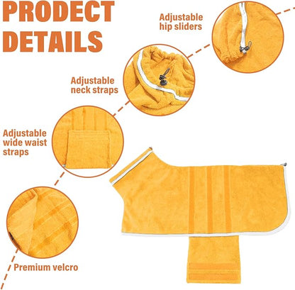 Dog Robe - Fast Drying Towel - Microfiber Super Absorbent Pet Bathrobe, Adjustable Collar & Belly Strap (Yellow, X-Large)