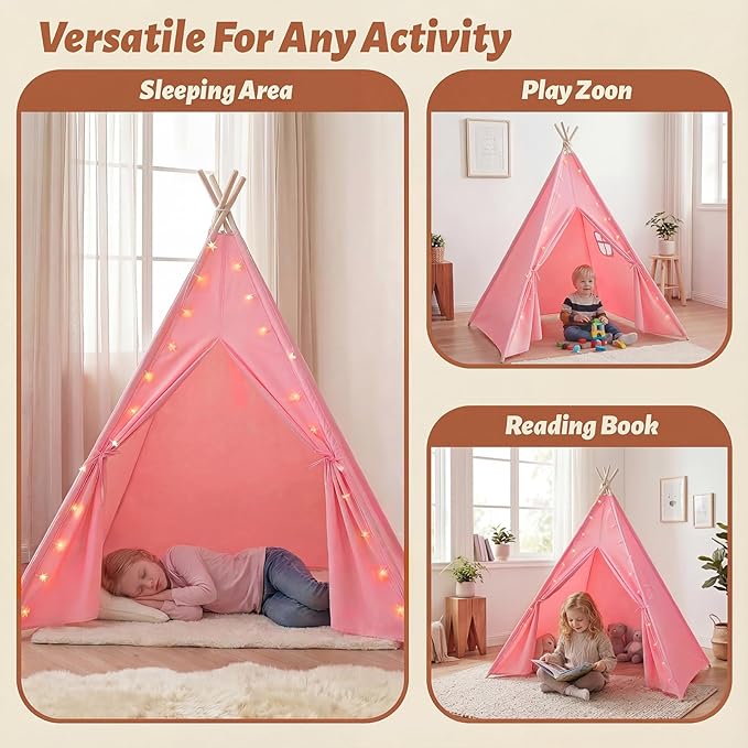 Wilwolfer 6 Pack Teepee Tent for Kids, Foldable Indoor Play Sleepover Tent with Star Lights for Girls Party, Portable Toddler Slumber Party Tents Gift, Pink