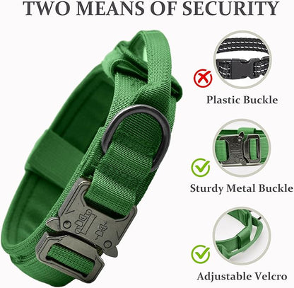 Tactical Dog Collar, Adjustable Military Training Nylon Dog Collar with Control Handle and Heavy Quick-Release Metal Buckle for Small Medium Large Dogs, Emerald Green XXL