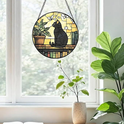 Greatingreat Stained Glass Window Hanging, Home Room Decor 7.8 Inch Cat Sun Catchers Indoor Window, Wall Art Home Decor Gift for Cat Lovers Women Mother's Day