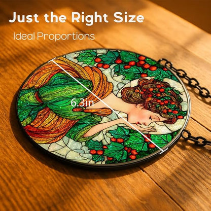6.3in Stained Glass Window Hanging， Art Nouveau Woman with Holly Sun Catchers Indoor Window， Core Decor Inside and Outside The Cottage，Gifts for Women