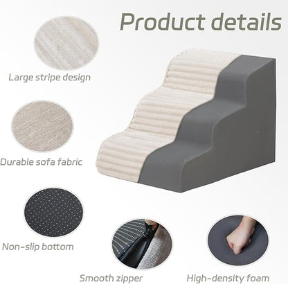 Dog Stairs for Small Dogs & Cats 15.7" H, High Density Foam Dog Steps Ramp for Couch Sofa and Chair, Widened 3-Step Pet Stairs with Non-Slip Bottom and Remove Washable Cover, Beige