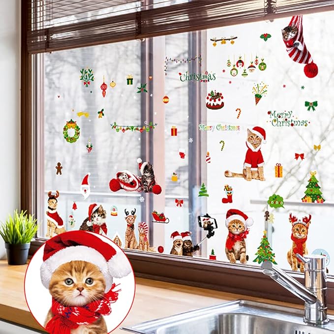 Christmas Window Clings Cat Stickers for Window Glass, 126 PCS 9 Sheets Xmas Decals Decorations Christmas Cat Tree Bells Decals for Holiday Party