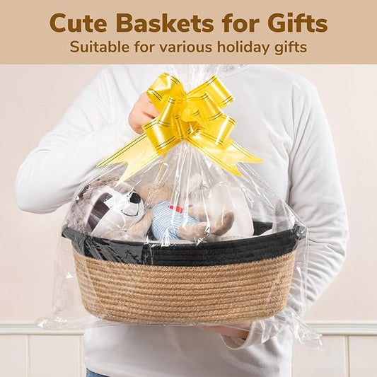 Goodpick Small Woven Basket, Decorative Basket for Home Decor, Small Woven Baskets with Handles for Gifts, Dog Toy Bin, Storage Baskets for Bathroom, Living Room, 12"x 8" x 5", Jute and Black
