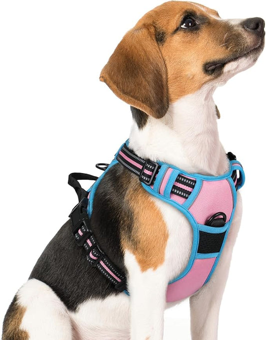 rabbitgoo Dog Harness No Pull with 2 Leash Clips, Adjustable Soft Padded, Reflective Oxford No Choke Pet Vest with Easy Control Handle for Medium Sized Dogs, Pink & Blue, M