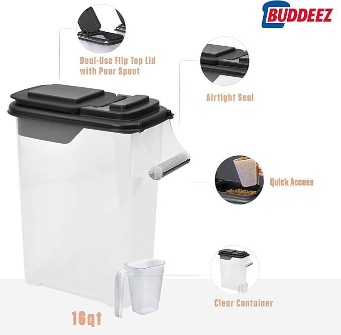Buddeez Pet Food Storage Containers - Capacity Dog Food Storage Container, Cat Food Container, Bird Seed Storage Container, with Durable EZ Grip Handle, EZ Flip Lid & Scoop (2 Pack) 16 QT/16 LB