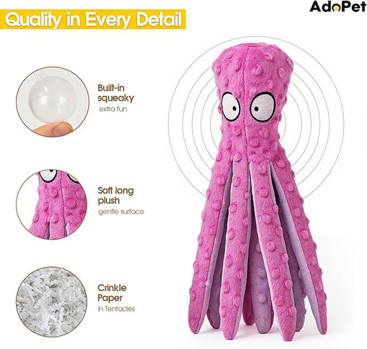 Squeaky Octopus Dog Toy – No Stuffing, Crinkle Sound Plush Chew Toy for Small and Medium Dogs – Durable and Machine Washable – 2 Pack (Blue & Pink)