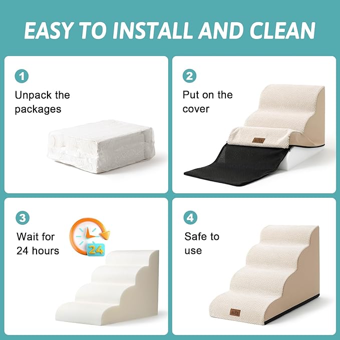 Dog Stairs for Small Dog 22.6" H, Curved Pet Step for Puppy, Older Cat, Medium Pet Ramp for High Bed, Ladder with High Density Foam, Durable, 5 Step, 15.7x33x22.6 inch, Beige