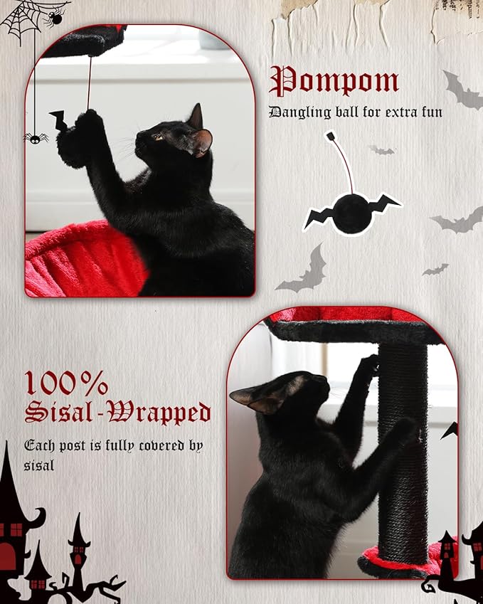 MUTTROS Gothic Cat Tree with Coffin Bed, Spooky Cat Tree with Black Scratching Posts & Halloween Cat Tower & Large Hammock for Small Kittens, Cat Toy Black Bat Included