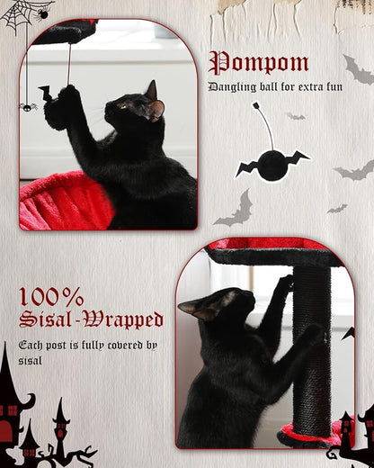 MUTTROS Gothic Cat Tree with Coffin Bed, Spooky Cat Tree with Black Scratching Posts & Halloween Cat Tower & Large Hammock for Small Kittens, Cat Toy Black Bat Included