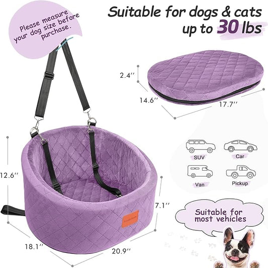 Dog Car Seat for Small Dogs Up to 30 Lbs,Ultra Soft Fabric Fill in Comfy Memory Foam,Happy Pet Ride,2 Safety Dog Leashes,Fully Detachable and Washable,Anti Slip Base(Purple)