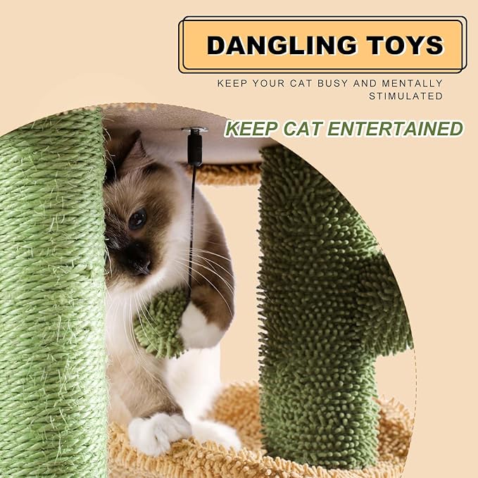MUTTROS Cactus Cat Tree, Multi-Level Cat Tower with Large Metal Carpet Hammock, Cat Scratching Post for Indoor Cats with Condo & Replaceable Toy Ball, Green