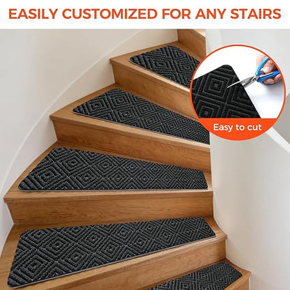 BAGAIL 15 Pack Non-Slip Stair Treads for Wooden Steps, 8"x30" Peel and Stick Carpet Stair Runners, Machine Washable Indoor Step Covers with No-Residue Adhesive for Dogs, Kids & Elderly - Black