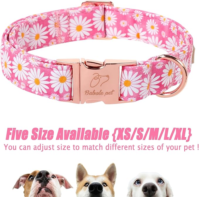 Pink Daisy Dog Collar, Cute Spring Flower Female Pet Collar with Metal Buckel, Soft Adjustable Designer Dog Collars for Small Medium Large Dogs L