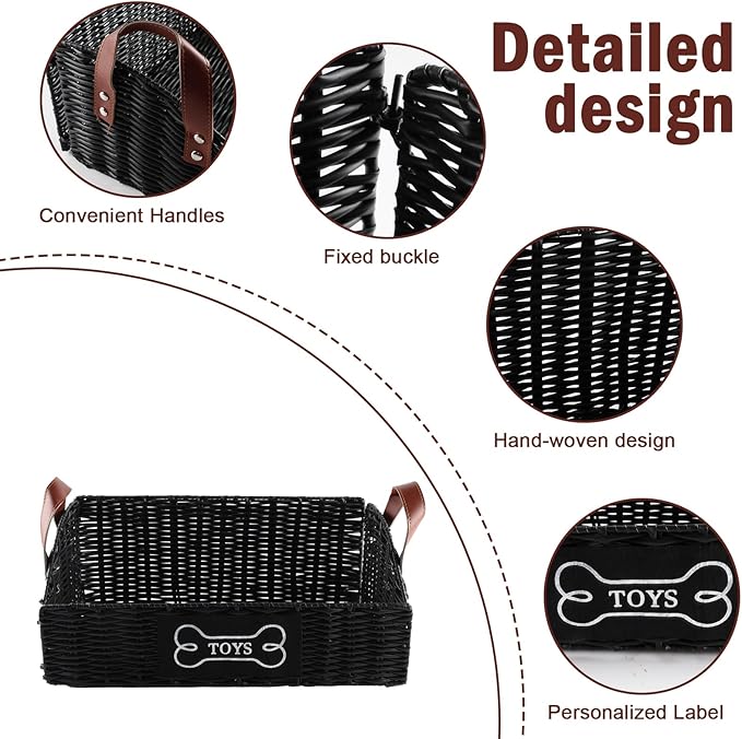 Pet Dog Toy Basket with handle,Trapezoid Puppy Toy Bin,collapsible Poly Wicker Storage Basket,Dog Storage Organizer for Leash Blanket Collar-Natural Farmhouse-Easy Access