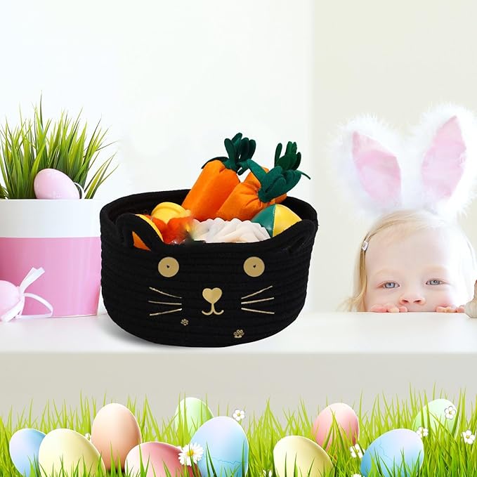 Zopeal Cat Basket Storage Woven Organizer with Ears Easter Decorative Pet Toy Cute Cotton Rope Basket for Gift Cat Dog Toy Bin Nursery Room(8.3 x 4.7 Inch,Black)