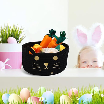 Zopeal Cat Basket Storage Woven Organizer with Ears Easter Decorative Pet Toy Cute Cotton Rope Basket for Gift Cat Dog Toy Bin Nursery Room(8.3 x 4.7 Inch,Black)
