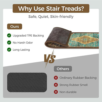 Non Slip Stair Treads for Wooden Steps 15PCS - 8"x30" Indoor Safety Carpet, Edging Mats with TPE Adhesive Backing, Pet and Elderly Friendly Stair Rugs (Amber&Cyan)