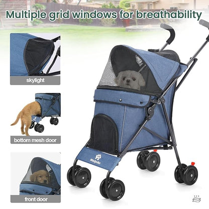 Umbrella Dog Stroller, Foldable Pet Stroller for Small Dogs Cats, 4 Wheels Pet Strolling Cart with Carrying Strap and Cup Holder, Breathable and Visible Mesh, Dog Poop Bags & Dispenser (Navy)