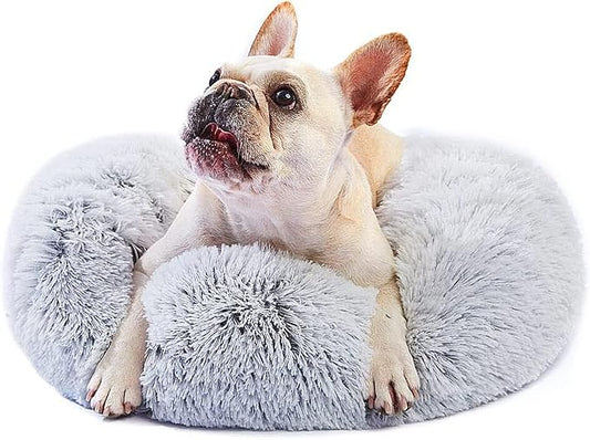 Calming Donut Dogs Beds for Small Dogs Washable,23inch Plush Round Pet Bed for Cozy Sleep,Fluffy Faux Fur Large Cat Bed,Fits up to 25 lbs Pets,Frost Grey