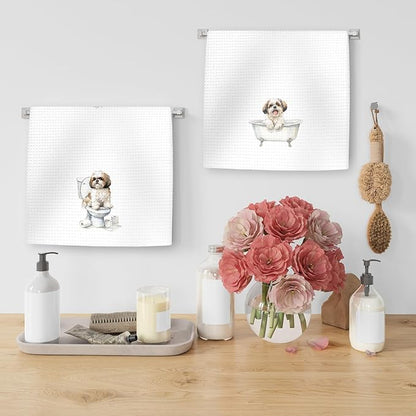 Funny Shih Tzu Dog Hand Towels Set of 2, Gifts for Shih Tzu Dog Owners Lovers, Cute Puppy Pet Decor for Bathroom, Funny Pet Lovers Gifts Toilet Hand Towels for Bathroom Washroom, 16x24In