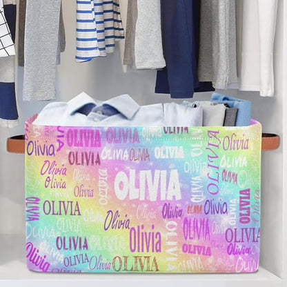 Personalized Kids Toy Box with Name, Custom Nursery Baskets Cubes Box, Kids Custom Storage Basket Laundry Baskets Organizer with Handles, Colorful Rainbow Color