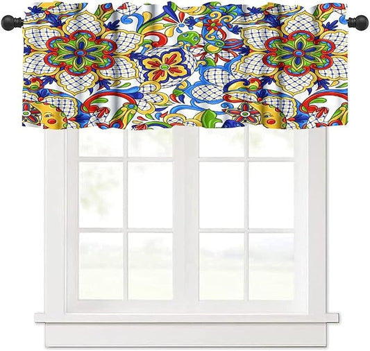 Mexico Valance Curtains Rustic Ethnic Folk Mexican Traditional Talavera Tile Pattern Window Treatment Valances Short Curtains Rod Pocket Drape for Dining Room Home Kitchen Decor, 54x18inch