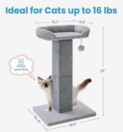 Made4Pets Cat Scratching Post with Bed, 32'' Modern Cat Scratcher with Top Plush Cat Bed, Tall Cat Scratch Post for Indoor Cats, Heavy-Duty Carpet Scratching Post with Hanging Ball Toy, Grey