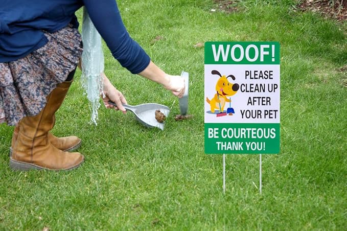 WaaHome Pack of 2 Double Sided Woof Please Clean Up After Your Pet Yard Signs with Stakes, 8"X12" Funny No Poop Pee Dog Yard Sign Lawn Sign