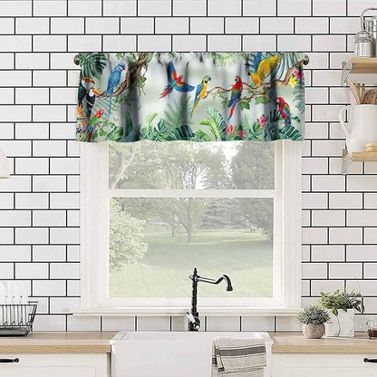Tropical Birds Window Valance Curtains, Asian Oriental Bird Parrot Leaves Watercolor Boho Floral Plant Nature Spring Summer Valance Curtain for Farmhouse Bedroom Living Room Kitchen 54x18inch