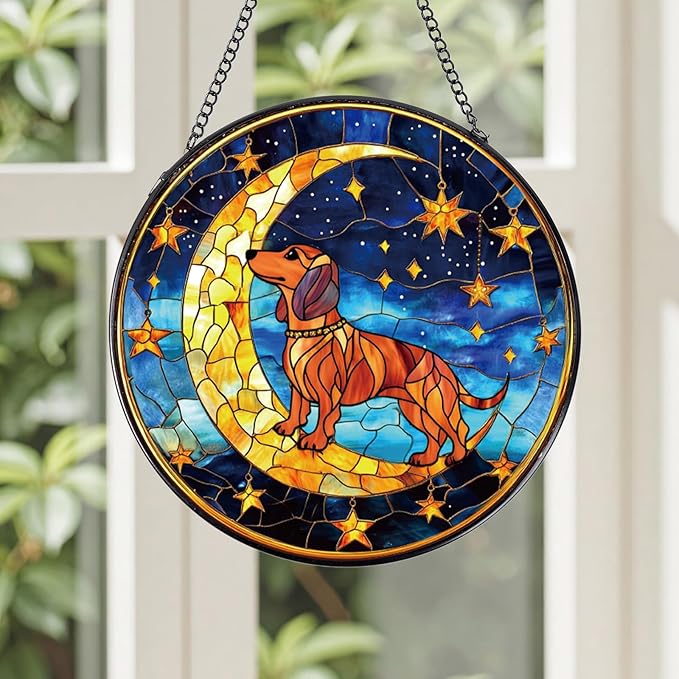 Dachshund Stained Glass Window Hanging Gifts, 7.8″ Weiner Dog Sun Catchers for Indoor Window Decor, Decorative Sun Catchers Home Wall Art Animal Memorial Gift