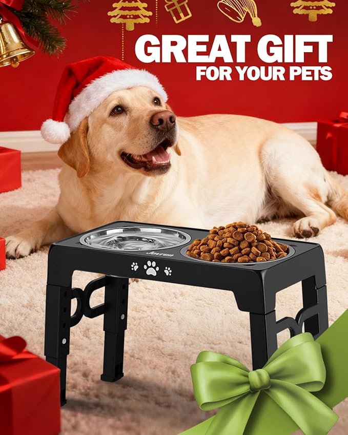 Elevated Dog Bowls, Non-Slip Dog Feeder with 1*Stainless Steel Dishes & 1*Slow Feeder Bowl, 5 Heights Adjustable Raised Bowls for 3.15″-8.66″-9.84″-11.02″-12.2″