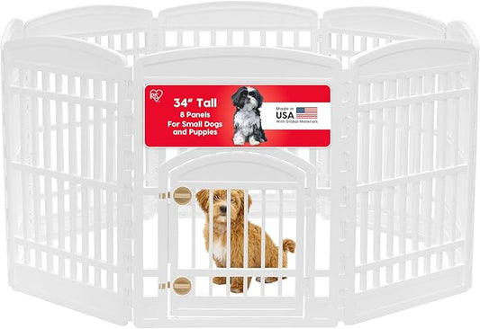 IRIS USA Dog Playpen 34" Tall Dog Playpen Indoor – 8-Panel Puppy Playpen with Door, 63 x 63 x 35, Extra Tall Dog Play Pen Indoors for Large Dogs, Plastic Pet Playpen, Indoor Dog Pen, White