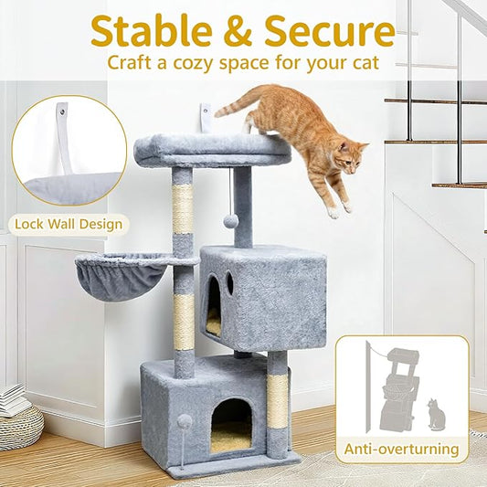 Cat Tree Tower House Condo Small Scratching Post, 40" Corner Kitty Climbing Stand with Hammock for Indoor, Medium Modern Carpet Bed Platform for Kittens, Simple Apartment Cat Furniture