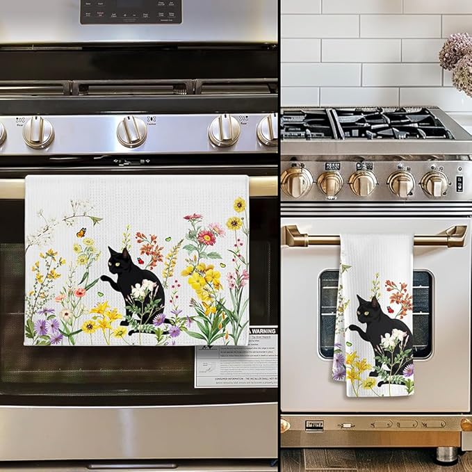 Cat Kitchen Towels - Quick-Dry Cat Hand Towels in Blooming Floral Tapestry, Contrast Art Dish Towel for Garden Pet Moms | Decorative Dish Towel & Verdant Home Accent, Floral Towel Gift