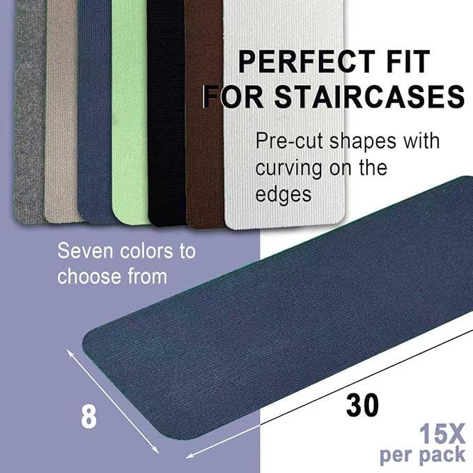 Nonslip Stair Treads Wooden Steps, 15 PCS 30" x 8" Safety Rug Slip Resistant Runner with Reusable Adhesive, Carpet Landing Mat for Family Elders Pets Soft Stair Mats Indoor (Green)
