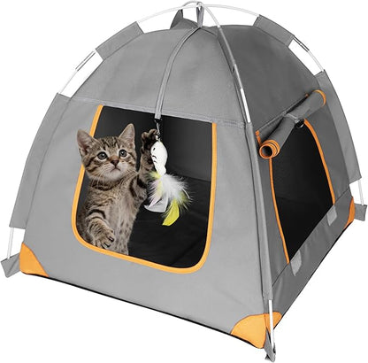 Portable Cat Tent for Indoor & Outdoor Use – UV Protection, Waterproof Pet Tent with Soft Cushion, Feather Toys, Easy Setup, Collapsible Cat House for Cats S