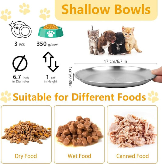 3 PCS Stainless Steel Cat Food Bowl Dish, 6.7" Shallow Flat Wide Cat Plates for Wet Food, Relief Whisker Fatigue, Removable Non-Slip Silicone Base, Replacement for Feeding Small Pet Kitten