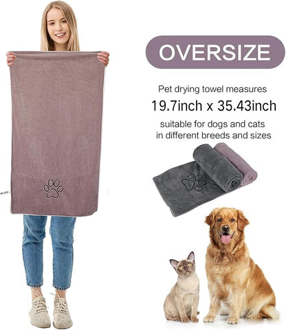 KinHwa Dog Towels Super Absorbent Microfiber for Small, Medium Dog Drying Towel for Drying Dogs Soft Pet Bath Towels and Cats with Embroidered Paw Pure+Grey 20inchx36inch