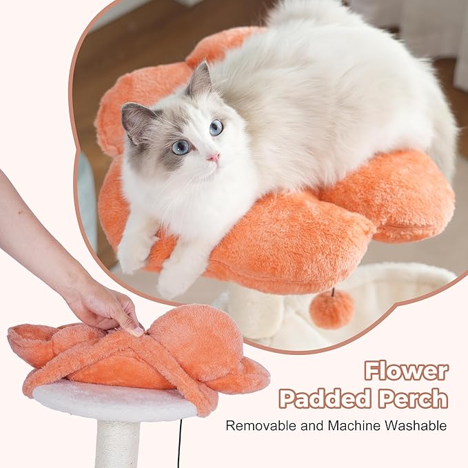Flower Cat Tree 34" Scratching Post Small Cat Tower for Large Cats,Featuring with 15.7”Large Hammock, Removable Top Bed and Wide Condo for Indoor Cats-Beige