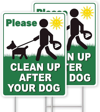 Clean UP After Your Dog Signs, 2-Pack 13"x10" Double-Sided H-Metal Stakes, Pick Up After Your Dog Sign for Yard, Please Clean Up After Your dog Sign