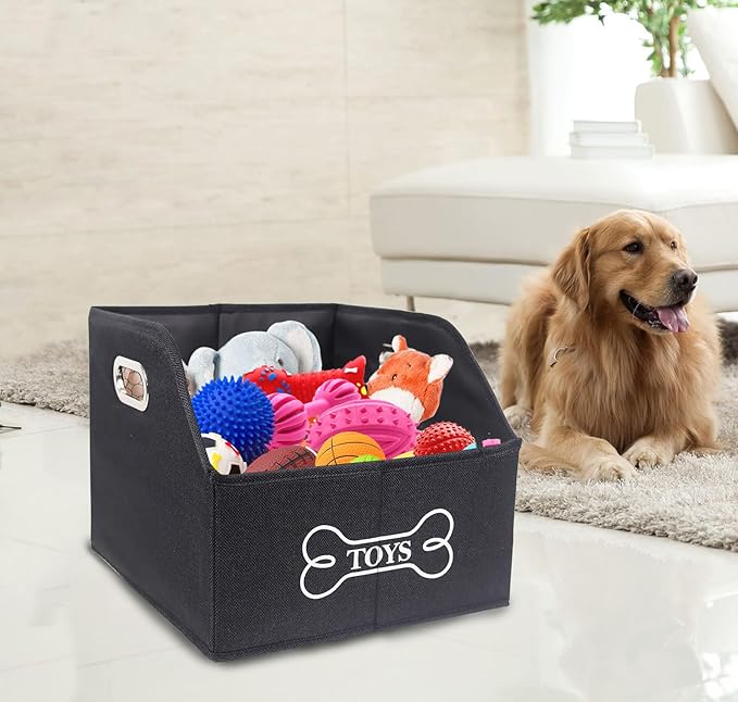 Geyecete Wooden Handle Soft Felt Storage Bin Organizer - Decorative Rectangular Pet Supplies Storage Basket/Bin - Black