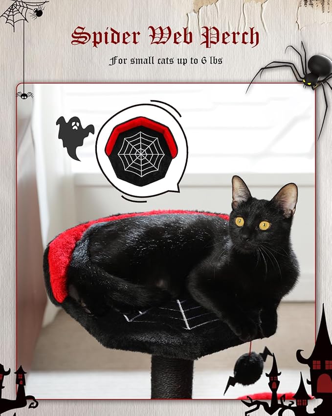 MUTTROS Gothic Cat Tree with Coffin Bed, Spooky Cat Tree with Black Scratching Posts & Halloween Cat Tower & Large Hammock for Small Kittens, Cat Toy Black Bat Included