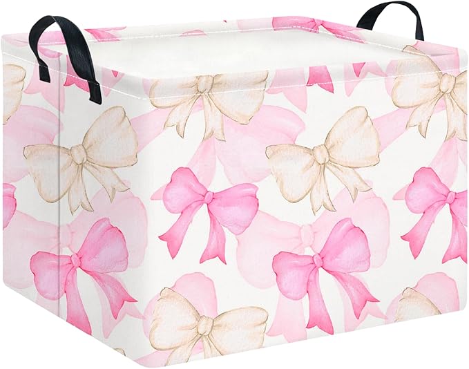 CLOCOR Rectangular Storage Basket,Collapsible Cute Pattern Storage Bin,Waterproof Books Box with Handles,Gift Basket(Gouache Bow)