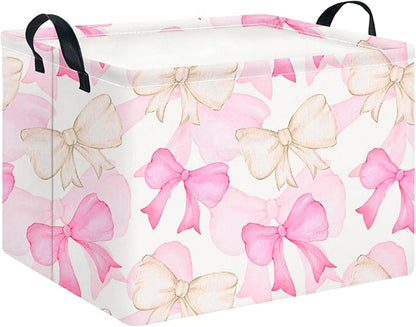 CLOCOR Rectangular Storage Basket,Collapsible Cute Pattern Storage Bin,Waterproof Books Box with Handles,Gift Basket(Gouache Bow)